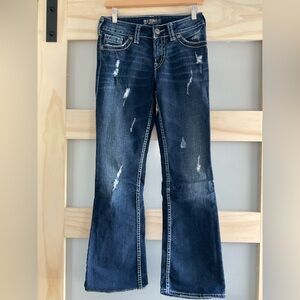 Silver Jeans Suki Surplus Flare 27x30 Dark Wash Distressed Sequin Flap Pockets